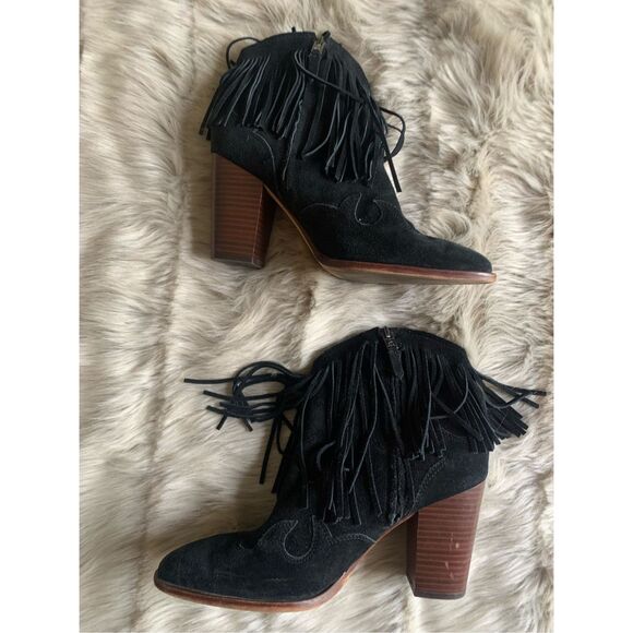 Sam Edelman Benji Black Suede Fringe Festival Cowboy Hippie Booties 9 - Picture 3 of 8